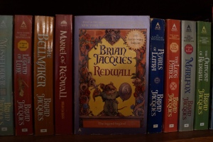 A portion of the combined collection of my brother's and my Redwall books.  Apparently there are a total of 22 books in the series.